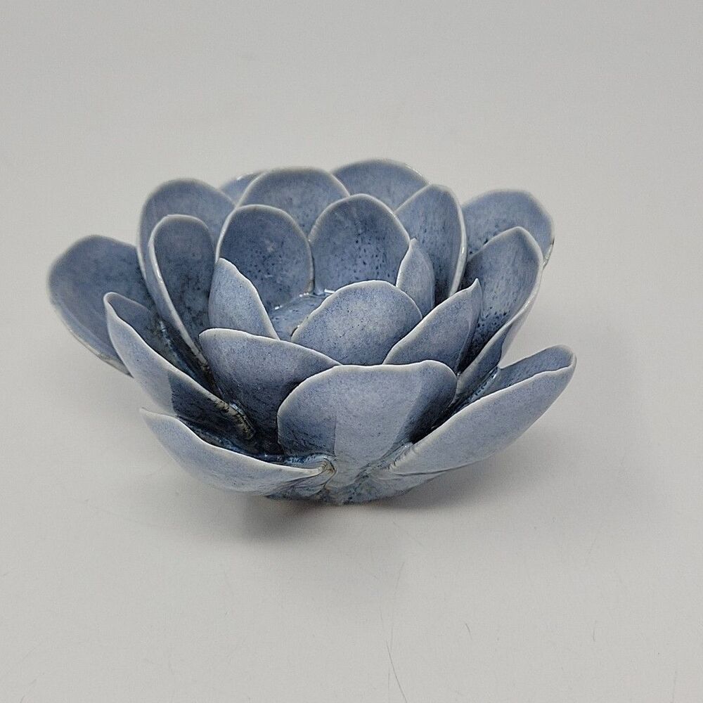 Ceramic Flower Incense 4" Blue Petal Round Handmade Rustic Stoneware Lotus Boho